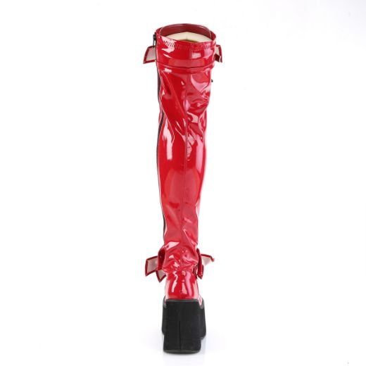 Product image of Demonia KERA-303 Red Pat 4 1/2 Inch Wedge PF Lace-Up Stretch Thigh Boot Side Zip