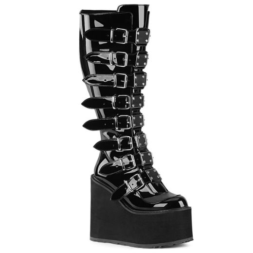 Product image of Demonia SWING-815WC Blk Pat 5 1/2 Inch PF Wide Calf Knee Boot w/ Buckle Straps Back Zip