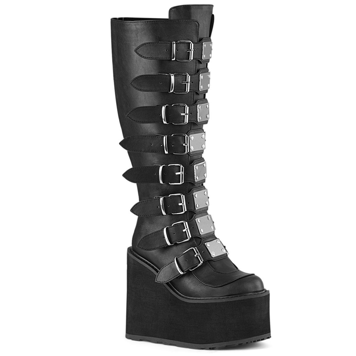 Product image of Demonia SWING-815WC Blk Vegan Leather 5 1/2 Inch PF Wide Calf Knee Boot w/ Buckle Straps Back Zip