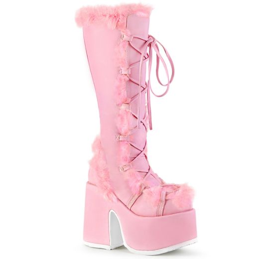 Product image of Demonia CAMEL-311 Pastel Pink Vegan Leather 5 Inch Chunky Heel 3 Inch P/F Lace-Up Knee High Boot Side Zip