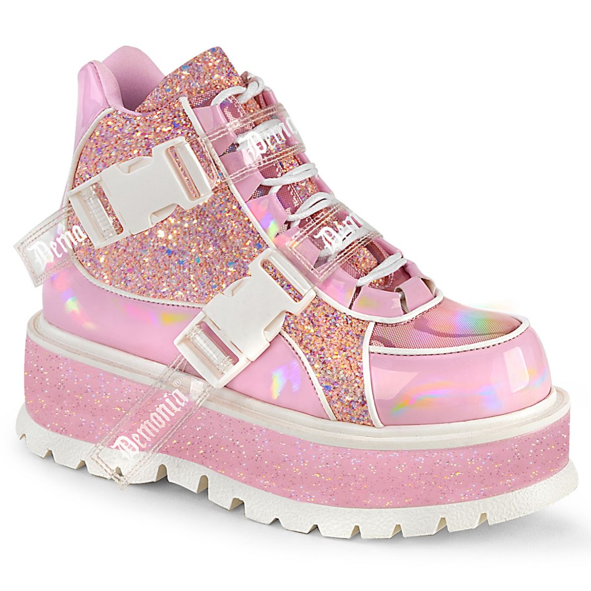 Product image of Demonia SLACKER-50 B. Pink Holographic Pat-Pink Multi Glitter 2 Inch PF Lace-Up Ankle Boot w/ Snap Buckle Detail