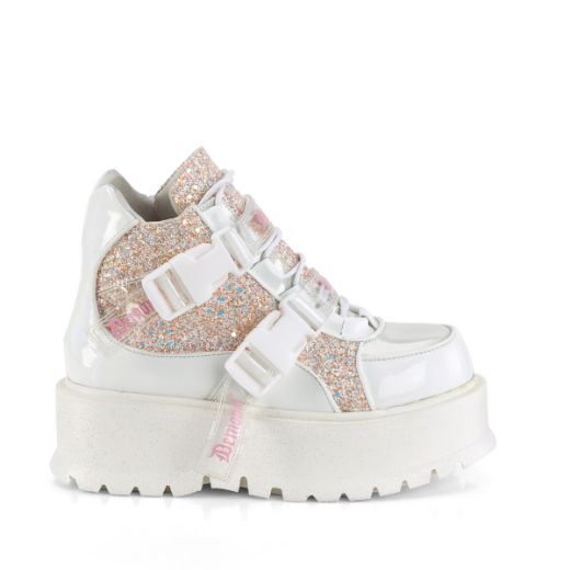 Product image of Demonia SLACKER-50 Wht Holographic Pat-B. Pink Multi Glitter 2 Inch PF Lace-Up Ankle Boot w/ Snap Buckle Detail