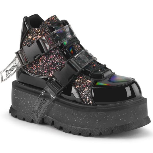 Product image of Demonia SLACKER-50 Blk Patent-Blk Multi Glitter 2 Inch PF Lace-Up Ankle Boot w/ Snap Buckle Detail