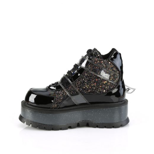 Product image of Demonia SLACKER-50 Blk Patent-Blk Multi Glitter 2 Inch PF Lace-Up Ankle Boot w/ Snap Buckle Detail