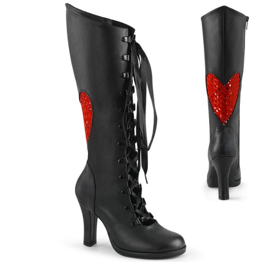 Product image of Demonia GLAM-243 Blk Vegan Leather- Red Satin 3 3/4 Inch Heel 1/2 Inch PF Lace-Up Knee High Boot Inside Zip