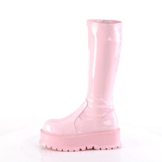 Product image of Demonia SLACKER-200 B. Pink Holo Pat 2 Inch PF STR Knee High Boot 1/2 Side Zip