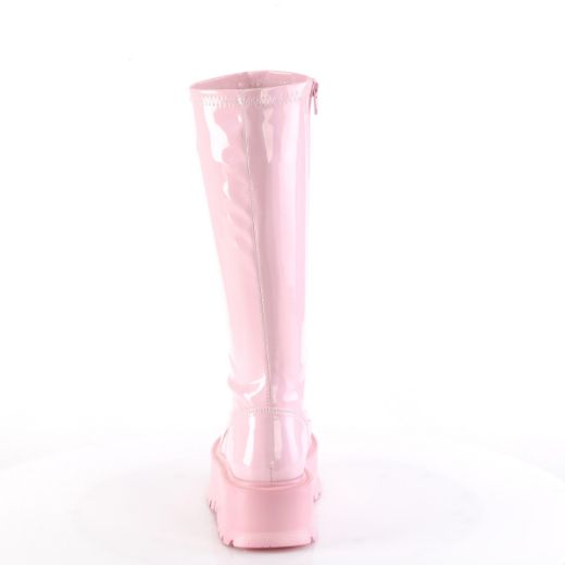 Product image of Demonia SLACKER-200 B. Pink Holo Pat 2 Inch PF STR Knee High Boot 1/2 Side Zip