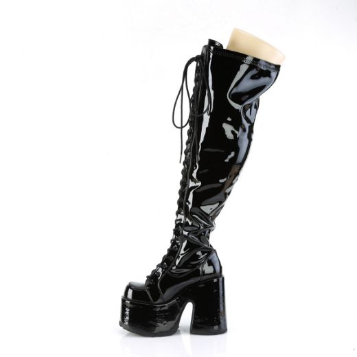 Product image of Demonia CAMEL-300WC Blk Str Pat 5 Inch Chunky Heel 3 Inch PF Wide Calf Thigh-High BootOutside Zip