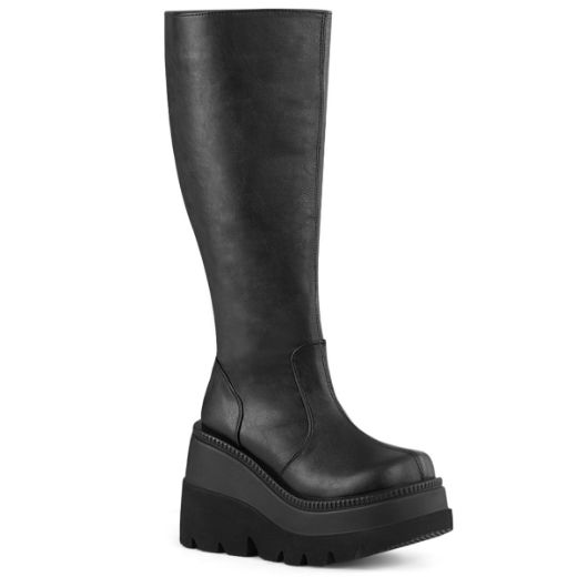 Product image of Demonia SHAKER-100WC Blk Vegan Leather 4 1/2 Inch Wedge PF Wide Calf Knee High Boot Inside Zip