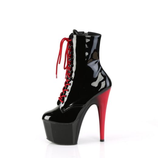 Product image of Pleaser ADORE-1020 Blk Pat/Blk-Red 7 Inch Heel 2 3/4 Inch PF Two Tone Lace-Up Ankle Boot Side ZIp