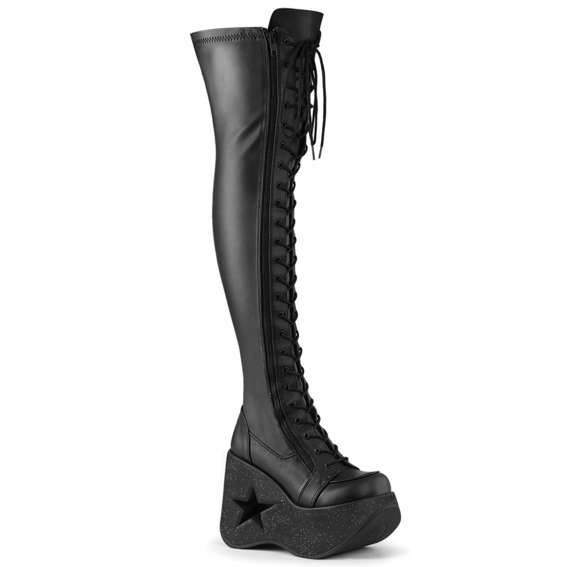 Product image of Demonia DYNAMITE-300 Blk Str Vegan Leather 5 Inch Star Cutout PF Wedge Lace-Up Thigh-High BootOutside Zip