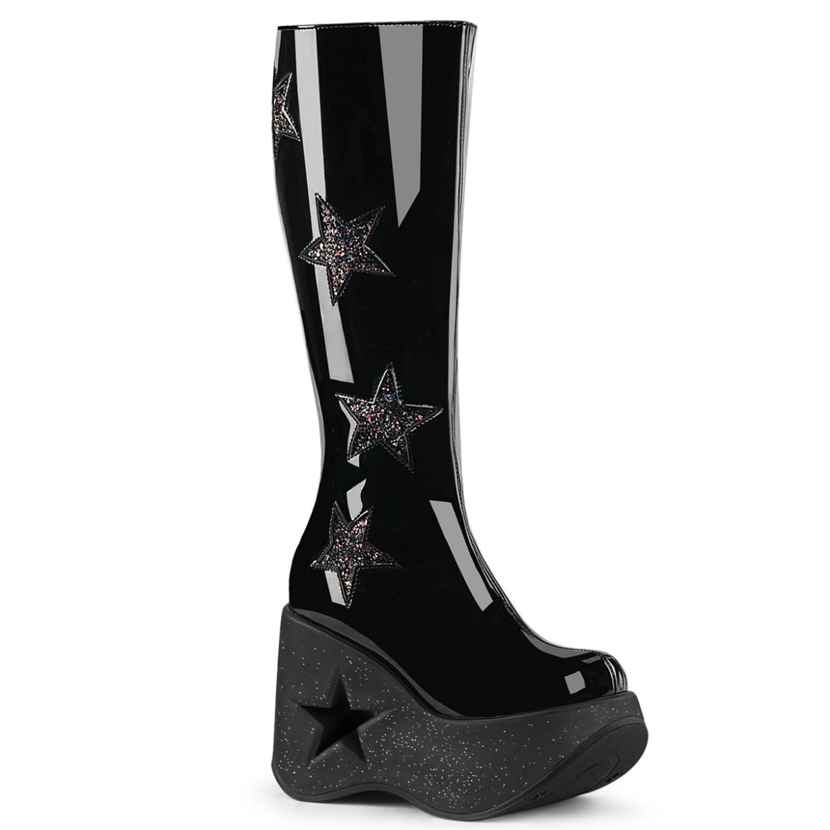 Product image of Demonia DYNAMITE-218 Blk Pat-Blk Multi Glitter 5 Inch Star Cutout PF Wedge Knee High Boot Inside Zip