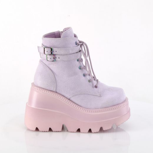 Product image of Demonia SHAKER-52 Lavender Vegan Suede 4 1/2 Inch Wedge PF Ankle Boot Side Zip