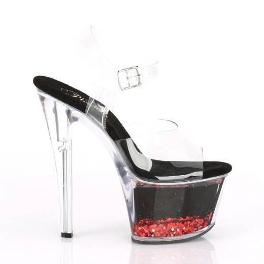 Product image of Pleaser Sky-308Whg Clear/Black-Red Glitter, 7 inch (17.8 cm) Heel, 2 3/4 inch (7 cm) Platform Sandal Shoes
