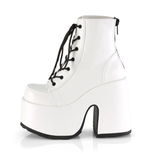 Product image of Demonia Camel-203 White Vegan Leather, 5 inch (12.7 cm) Chunky Heel, 3 inch (7.6 cm) Platform Ankle Boot