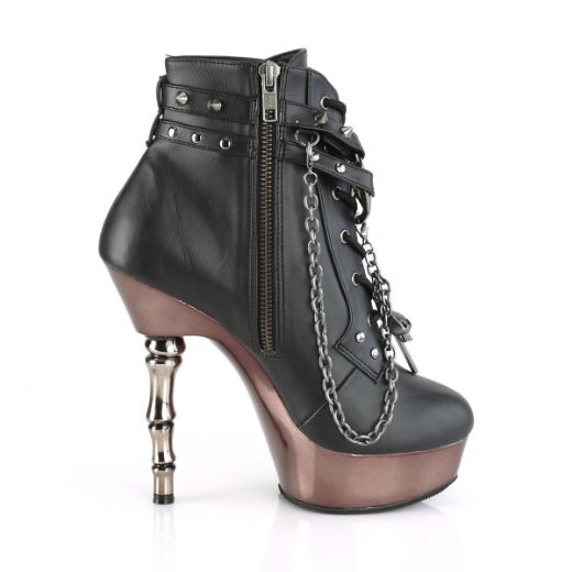 Product image of Demonia Muerto-1001 Black Faux Leather/Pewter Chrome, 5 1/2 inch (14 cm) Heel, 1 1/2 inch (3.8 cm) Platform Ankle Boot