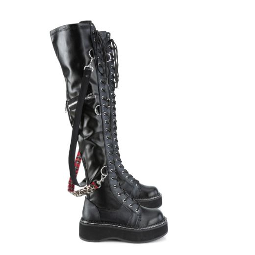 Product image of Demonia Emily-377 Black Stretch Vegan Leather, 2 inch Platform Thigh High Boot