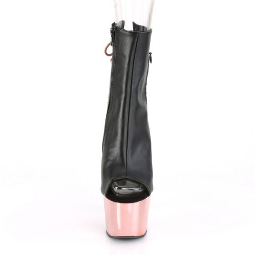 Product image of Pleaser ADORE-1018 Black Faux Leather/Rose Gold Chrome 7 inch (17.8 cm) Heel 2 3/4 inch (7 cm) Platform Open Toe/Heel Ankle Boot Side Zip
