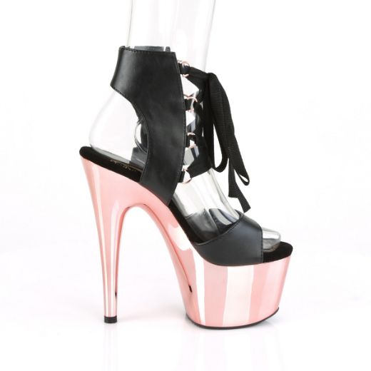 Product image of Pleaser ADORE-700-14 Black Faux Leather/Rose Gold Chrome 7 inch (17.8 cm) Heel 2 3/4 inch (7 cm) Platform Front Lace-Up Sandal Shoes