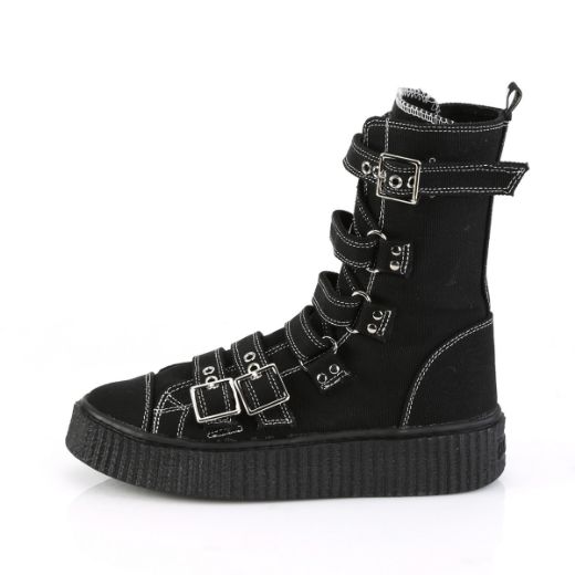 Product image of Demonia SNEEKER-318 Black Canvas 1 1/2"Platform Round Toe Zig-Zag Buckles Calf High Creeper Sneaker