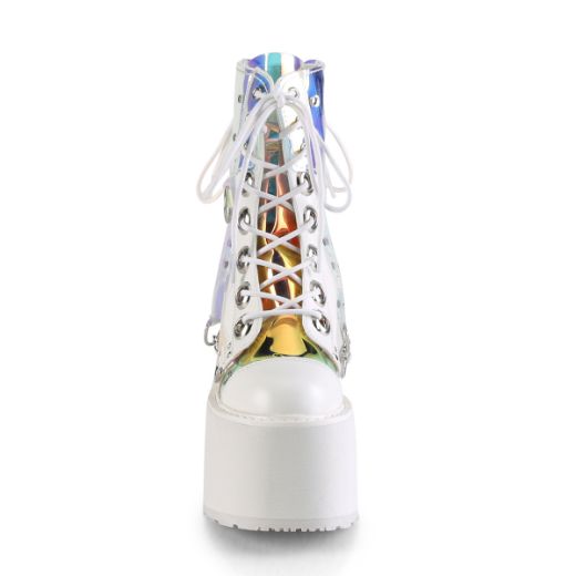 Product image of Demonia SWING-115 White Vegan Faux Leather-Patent-Magic Mirror Polyurethane (Pu) 5 1/2 inch Platform Lace-Up Ankle Boot With  Polyurethane (Pu) Harnesss Side Zip