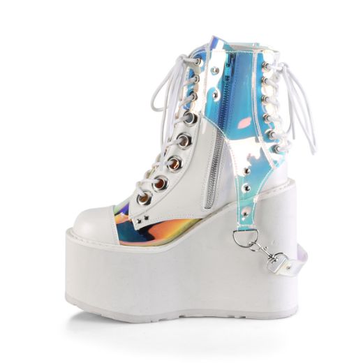 Product image of Demonia SWING-115 White Vegan Faux Leather-Patent-Magic Mirror Polyurethane (Pu) 5 1/2 inch Platform Lace-Up Ankle Boot With  Polyurethane (Pu) Harnesss Side Zip