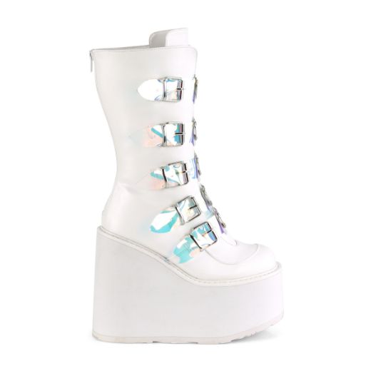 Product image of Demonia SWING-230 White Vegan Faux Leather 5 1/2 inch Platform Mid-Calf Boot With  5 Buckles Straps Back Metal Zip