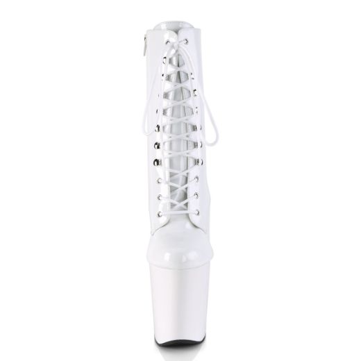 Product image of Pleaser XTREME-1020 White Patent/White 8 inch (20.4 cm) Heel 4 inch (10.2 cm) Platform Lace-Up Ankle Boot Side Zip