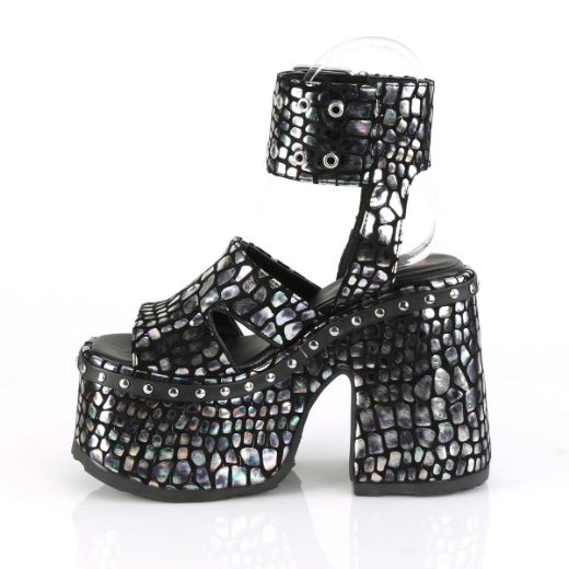 Product image of Demonia CAMEL-102 Black Faux Suede-Silver Holographic Prints 5 inch (12.7 cm) Chunky Heel 3 inch (7.6 cm) Platform Eyelet Ankle Strap Sandal