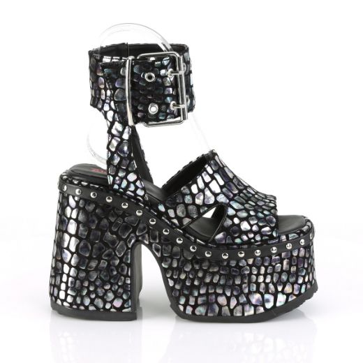 Product image of Demonia CAMEL-102 Black Faux Suede-Silver Holographic Prints 5 inch (12.7 cm) Chunky Heel 3 inch (7.6 cm) Platform Eyelet Ankle Strap Sandal