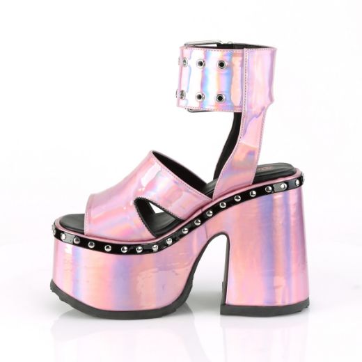 Product image of Demonia CAMEL-102 Pink Holographic 5 inch (12.7 cm) Chunky Heel 3 inch (7.6 cm) Platform Eyelet Ankle Strap Sandal