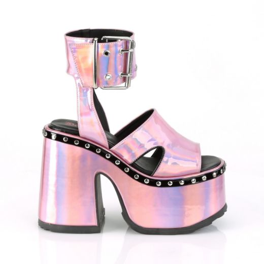 Product image of Demonia CAMEL-102 Pink Holographic 5 inch (12.7 cm) Chunky Heel 3 inch (7.6 cm) Platform Eyelet Ankle Strap Sandal