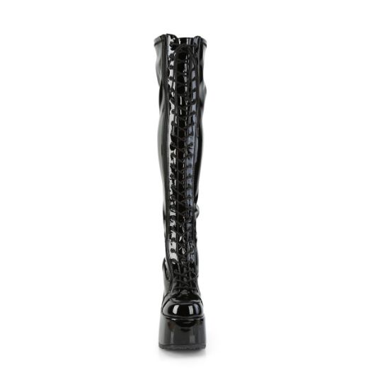 Product image of Demonia CAMEL-300 Black Stretch Patent 5 inch (12.7 cm) Chunky Heel 3 inch (7.6 cm) Platform Thigh-High Lace-Up Boot Outside Zip