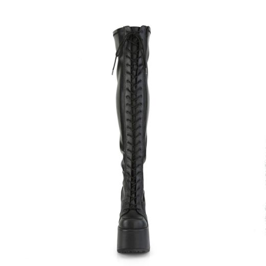 Product image of Demonia CAMEL-300 Black Stretch Vegan Faux Leather 5 inch (12.7 cm) Chunky Heel 3 inch (7.6 cm) Platform Lace-Up Thigh-High Boot Outside Zip