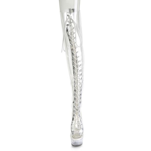 Product image of Pleaser DELIGHT-3026 Clear-Silver Metallic Polyurethane (Pu)-Polyurethane (Polyurethane (Pu))/Clear 6 inch (15.2 cm) Heel 1 3/4 inch (4.5 cm) Platform Lace-Up Thigh High Boot Back Zip