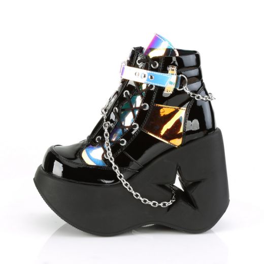 Product image of Demonia DYNAMITE-101 Black Patent-Magic Mirror Polyurethane (Pu) 5 inch Stars Cutout Platform Wedge Side Lace-Up Ankle Boot Side Zip