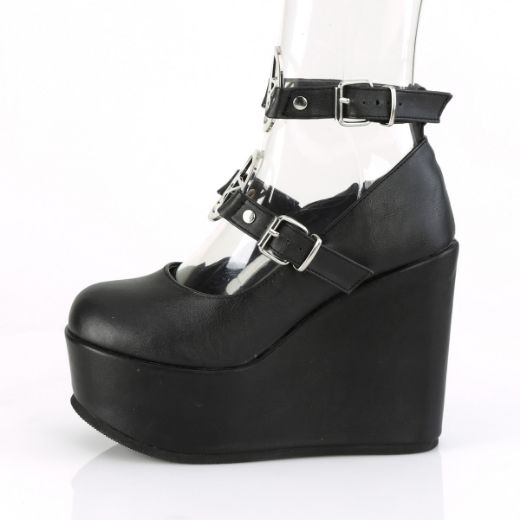 Product image of Demonia POISON-99-1 Black Vegan Faux Leather 5 inch Wedge Platform Mary Jane With  Pentagram O-Ring & Studs Detail