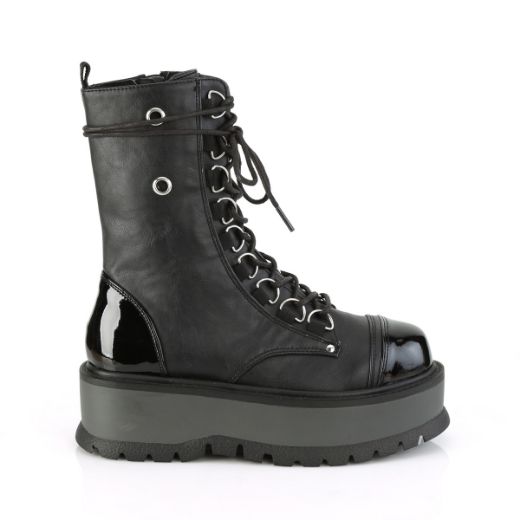 Product image of Demonia SLACKER-150 Black Vegan Faux Leather-Patent 2 inch Platform Lace-Up Ankle Boot Side Zip