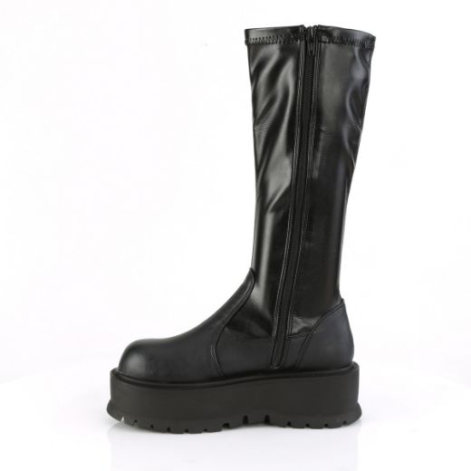 Product image of Demonia SLACKER-200 Black Stretch Vegan Faux Leather 2 inch Platform Stretch Knee High Boot 1/2 Side Zip