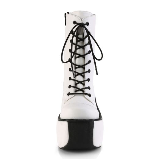 Product image of Demonia VIOLET-120 White Vegan Faux Leather 3 1/2 inch Platform Lace-Up Ankle Boot Side Zip