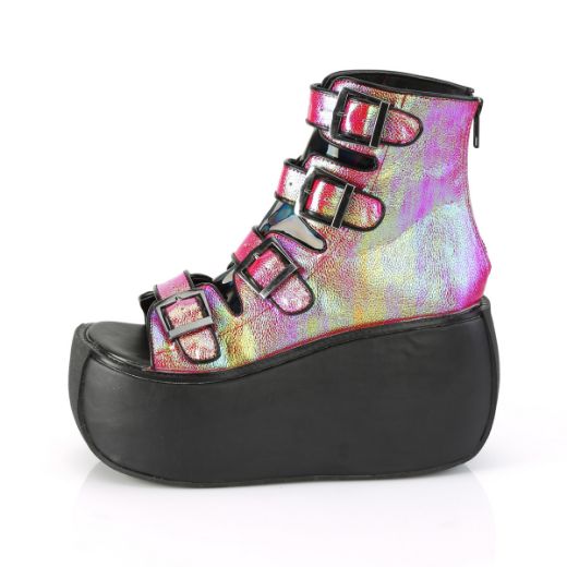 Product image of Demonia VIOLET-150 Pink-Green Iridescent Vegan Faux Leather-Holographic 3 1/2 inch Platform Ankle Boot With  4 Buckles Straps Back Metal Zip Sandal Shoes