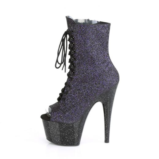Product image of Pleaser ADORE-1021MBG Purple Glitter/Black 7 inch (17.8 cm) Heel 2 3/4 inch (7 cm) Platform Peep Toe Lace-Up Ankle Boot Side Zip