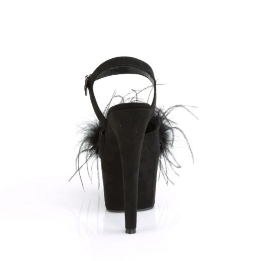 Product image of Pleaser ADORE-709F Black Faux Suede-Faux Feathers/Black Faux Suede 7 inch (17.8 cm) Heel 2 3/4 inch (7 cm) Platform Ankle Strap Sandal With Faux Feathers Shoes