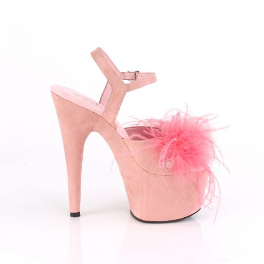 Product image of Pleaser ADORE-709F Baby Pink F.Faux Suede-Faux Feathers/Baby Pink F.Faux Suede 7 inch (17.8 cm) Heel 2 3/4 inch (7 cm) Platform Ankle Strap Sandal With Faux Feathers Shoes