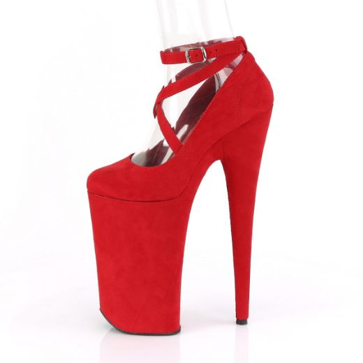 Product image of Pleaser BEYOND-087FS Red Faux Suede/Red Faxu Suede 10 inch (25.5 cm) Heel 6 1/4 inch (16 cm) Platform Criss Cross Ankle Strap Pump