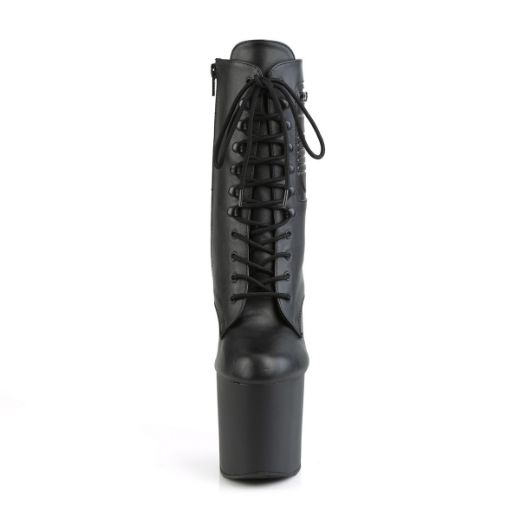 Product image of Pleaser BONDGIRL-1020PK Black Faux Leather/Black Matte 7 1/2 inch (19.1 cm) Gun Heel 3 1/2 inch (8.9 cm) Platform Lace-Up Ankle Boot Side Zip