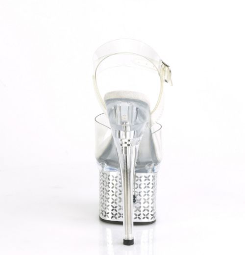 Product image of Pleaser DISCOLITE-708FLP Clear/Silver Chrome 7 inch (17.8 cm) Heel 3 inch (7.6 cm) Platform Led Illuminated Ankle Strap Sandal