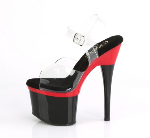 Product image of Pleaser ESTEEM-708 Clear/Red-Black 7 inch (17.8 cm) Heel 3 inch (7.6 cm) Platform Two Tone Ankle Strap Sandal Shoes