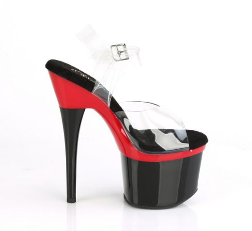 Product image of Pleaser ESTEEM-708 Clear/Red-Black 7 inch (17.8 cm) Heel 3 inch (7.6 cm) Platform Two Tone Ankle Strap Sandal Shoes