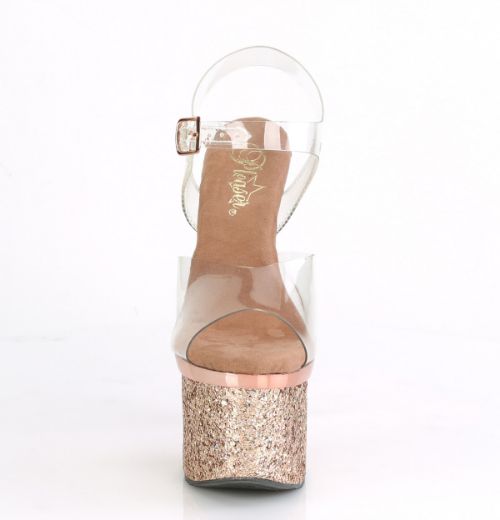 Product image of Pleaser ESTEEM-708CHLG Clear/Rose Gold Chrome-Multicolour Glitter 7 inch (17.8 cm) Heel 3 inch (7.6 cm) Platform Ankle Strap Sandal